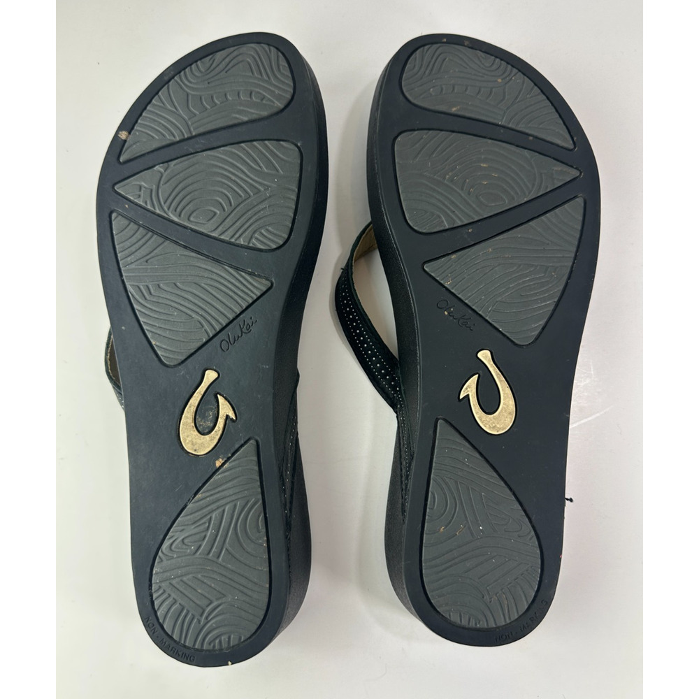 Olukai Ola Full Grain Leather Flip Flops Black Slides Women's Size 10 Sandals - Picture 9 of 14